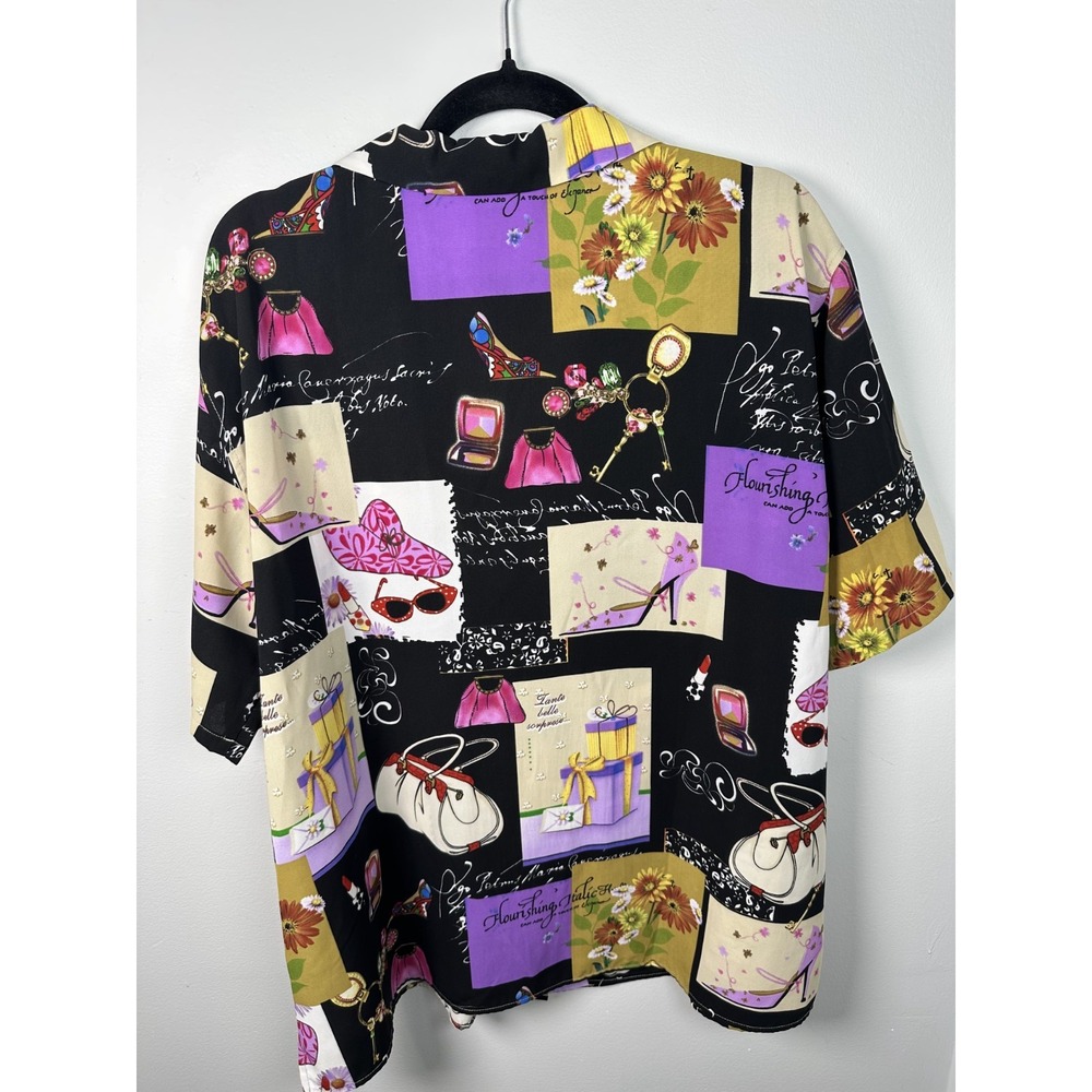 Susan Graver XL Womens Top Button Short Sleeve Girly Makeup Patch Design Colors - Picture 3 of 13